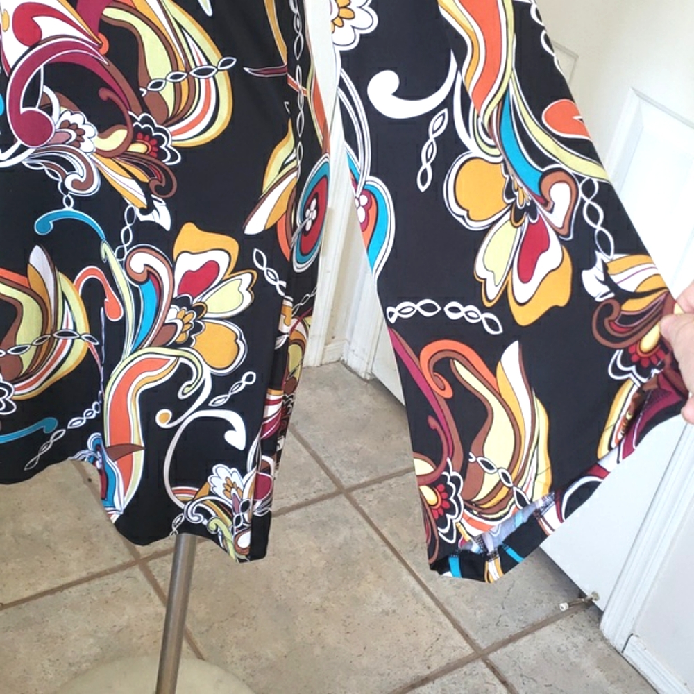 💐Vintage 90s Psychedelic One Shoulder Bell Sleeve Dress Black Multicolor MEDIUM - Picture 6 of 12